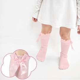 AOZUO Baby Knee High Socks, Bow Ruffle Socks Long Cotton Tube Stockings for Infant Toddlers Newborn Baby Girls Dress (US, Numeric, 6, 13.5, Regular, Pink)