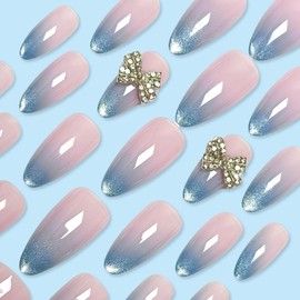 French Tip Press on Nails Almond Medium Fake Nails with Rhinestone Bow Design Blue Cat Eye Nail Tips Acrylic Nails Press on Gel Glue on Nails Full Cover Stick on Nails for Women 24Pcs