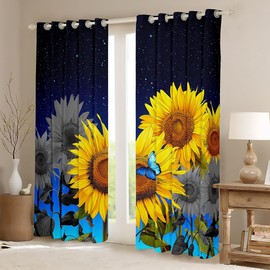 Yellow Sunflower Window Curtains for Bedroom Living Room Decor Blossom Flowers Curtains Blue Butterfly Floral Window Drapes for Kids Adults Galaxy Nature Theme Window Treatments, 42x63 Inches,2 Panels