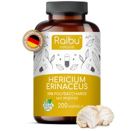 Lions Mane High Dose - 200 Capsules with 1950 mg Mushroom Extract per Daily Dose - 30% Bioactive Polysaccharides - Laboratory Tested - Vegan - Hericium Erinaceus - Premium Quality (Lion's Mane