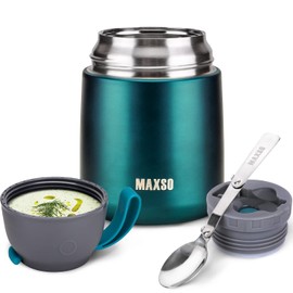 MAXSO Soup Thermo for Hot & Cold Food for Adults Kids, 17 oz Vacuum Insulated Steel Lunch Container Bento Box with Spoon, Leakproof Thermal Food Jar for School Office Travel - Green