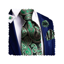 Hi-Tie Black Green Paisley Ties with Flower Lapel Pin Men Silk Necktie Pocket Square Cufflinks for Tuxedo Wedding Business
