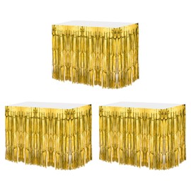 QUARKZMAN Pack of 3 29 x 108 Inch Gold Metallic Tinsel Table Skirts for Rectangular Tables Tinsel Background Curtain for Wedding and Birthday Party Decoration