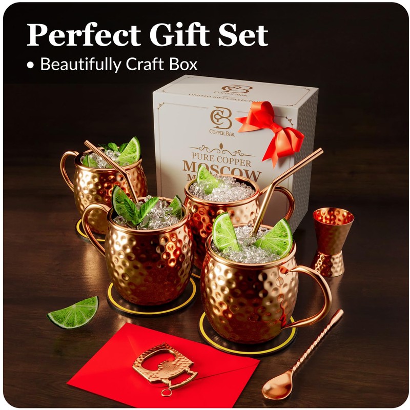 COPPER-BAR Moscow Mule Copper Mugs - Unique HANDCRAFTED Gift Set