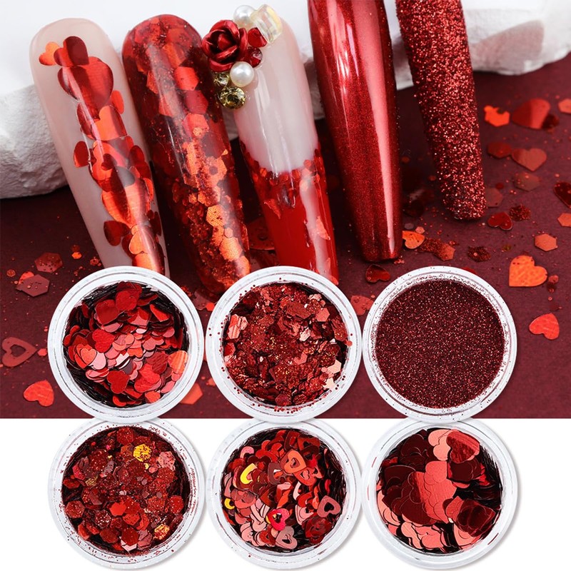 6 Boxes Valentine’s Day Nail Glitters Sequins Laser Red Heart