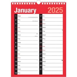 2025 Calendar A4 Large 2 Column Month To View Spiral Bound Wall Planner for Home Business Office School 1 January 2025 to 31 December 2025