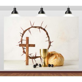 CORFOTO 9x6ft Fabric Holy Communion Backdrop Chalice of Wine Crown of Thorns Cross Photography Background God Bless Party Decorations Church Event Party Decor Photo Booth Props