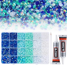 14400PCS Flatback Rhinestones Half Pearls for Crafting, 3-6mm Blue Resin Rhinestones and Small Pearls for Bedazzling, Clothes and Nails Art with 2pcs B7000 Jewelry Glue