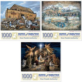 Bits and Pieces – Value Set of Three 1000 Piece Jigsaw Puzzles for Adults – Last Supper, Noah's Ark, in The Manger by Artist Ruane Manning, Completed Puzzle Size: 20" x 27"