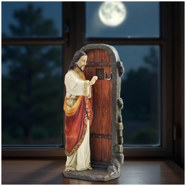 PlentifulHome Jesus Knocking at The Door Statue – 5.12” Resin Figurine Inspired by Revelation 3:20, Christian Religious Home Decor for Prayer Room, Altar, or Faith-Based Gift