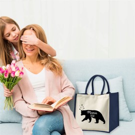 Mothers Day Gifts for Mum - Cotton Jute Shoulder Bag, Reusable Bags for Shopping, Mum Gifts, Book Bag, Travel Bag, Shopper Bags - Bear - Blue - S