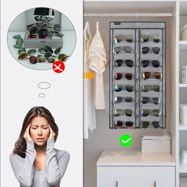 ANZORG Dual Sided Hanging Sunglasses Organizer Wall Eyeglass Holder Sunglass Rack for Home with 32 Dust Proof Pockets (32 Pockets-Grey)