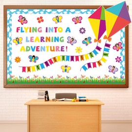 Butterfly Kite Bulletin Board Set DIY Photo Name Tags Back to School Paper Cutouts Colorful Flower Classroom Decorations for Motivational Nursery Wall Decor(Flying Into A Learning Adventure)