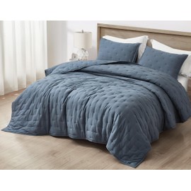 Chezmoi Collection Glen 3-Piece Crescent Stitched Quilt Set, King Size, Steel Blue - Rayon Derived from Bamboo & Polyester Blended, Soft Breathable Cooling Bedspread for Hot Sleepers