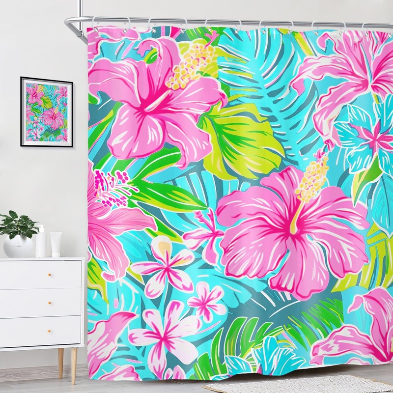 Riyidecor Tropical Hot Pink Floral Shower Curtain for Bathroom Decor