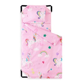 Wake In Cloud - Cot Nap Mat with Pillow and Blanket, for Toddler Kids Boys Girls in Daycare Kindergarten Preschool Pre K with Elastic Corner Straps, Cute Colorful Unicorns, Pink White
