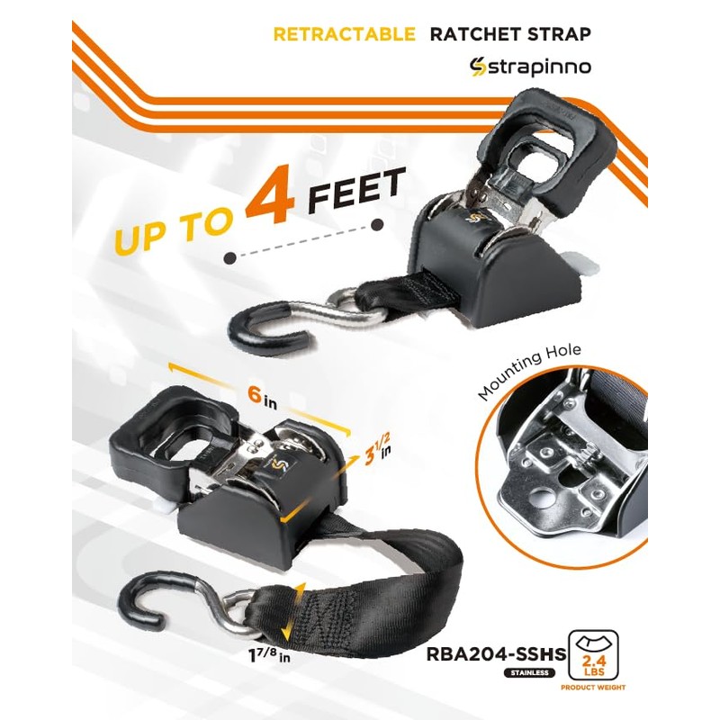 Strapinno 2PCS Stainless Steel Retractable Ratchet Straps (1 7/8 in