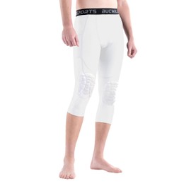 Bucwild Sports ¾ Compression Pants with Knee Pads Size Youth Boys - Adult Men Basketball Wrestling Volleyball White
