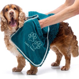 Lucky Pooch Super Absorbent Shammy Dog Towel - Luxuriously Soft Hand Pockets – 34.5x12.5in – Quick Drying Microfiber Dog Bath Towel – Durable Dog Towels for Drying Dogs (Pack of 1, Teal)