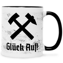 Bedruckte Tasse mit Spruch - Glück Auf! - Geschenke für Zeche Bergwerk Arbeiter - Geschenk für Mama Papa Freunde Geburtstag Vatertag Weihnachten - für Männer & Frauen - Farbe: Schwarz & Weiß