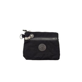 Ladies Mini 2 Zippers Water Resistance Super Lightweight Nylon Printed and Plain Coin Purse Travel Pouch (Black)