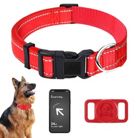 YENTEN Nylon Pet Dog Collar with AirTag Holder for Small Medium Dogs, Reflective, Waterproof & Safety Locking Buckle, Supports Tying Traction Rope, Adjustable for All Breeds, Red, M（14-20 inches）
