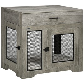 PawHut Dog Crate Furniture with Soft Water-Resistant Cushion, Dog Crate End Table with Drawer, Puppy Crate for Small Dogs Indoor with 2 Doors, Grey