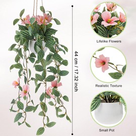 Kepfire 2Packs Faux Hanging Plants Artificial Decor Small Hanging Plant Pot with Artificial Vines and Pink Flower Greenery Decoration Living Room Wall Home Wall Shelf Indoor Outdoor