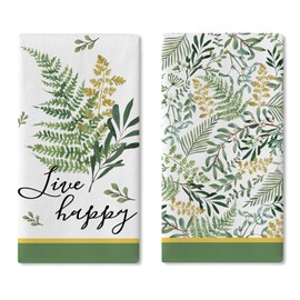 Croar Fern Print Live Happy Kitchen Dish Towels Set of 2, Green Leaves Botanical Plant Drying Hand Towel Baking Cooking Cloth, Spring Summer Bathroom Home Decoration 18'' x 26''