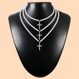 Krfy Pearl Necklace for Men Women Choker Necklace with Cubic Zirconia Cross Pendant Extend Clasp Easy to Wear Daily Jewellery, Cubic Zirconia