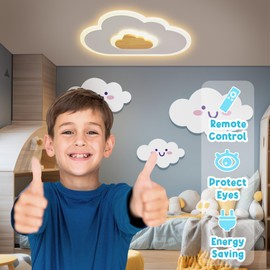 TRUWELLA LED Ceiling Light Fixture 19.7in Dimmable Children Cloud Lights for Ceiling with Remote Control 26W Creative Wooden Bedroom Ceiling Lamp for Kids Room Bedroom Living Room, White, YMLED-3