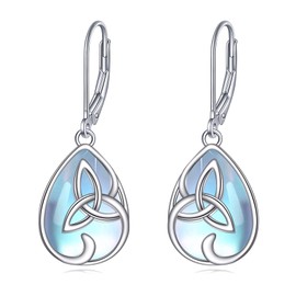 Celtic Moonstone Earrings for Women Sterling Silver Moonstone Leverback Earrings Vintage Moonstone Dangle Drop Earrings Jewellery Gifts for Mom Wife (Celtic Knot Earrings)