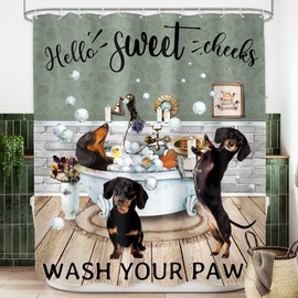 LGhtyro Funny Dogs Dachshund Shower Curtain Bathroom Set 60Wx71H Inches Vintage Animal Puppy Pets Kids Boys Bath Soap Cute Hilarious Modern Bath Accessories Bubbles Art Home Decor Fabric 12 Pack Hooks