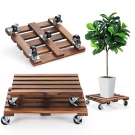 2 Pack Plant Caddy with Wheels, 14" + 12" Rolling Plant Stand 264 LBS Heavy Duty Wooden Square Plant Dolly with Metal 360° Lockable Caster Wheels for Outdoor Indoor Large Plant Pots, Flower Pot, Patio