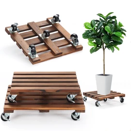 2 Pack Plant Caddy with Wheels, 14" + 12" Rolling Plant Stand 264 LBS Heavy Duty Wooden Square Plant Dolly with Metal 360° Lockable Caster Wheels for Outdoor Indoor Large Plant Pots, Flower Pot, Patio