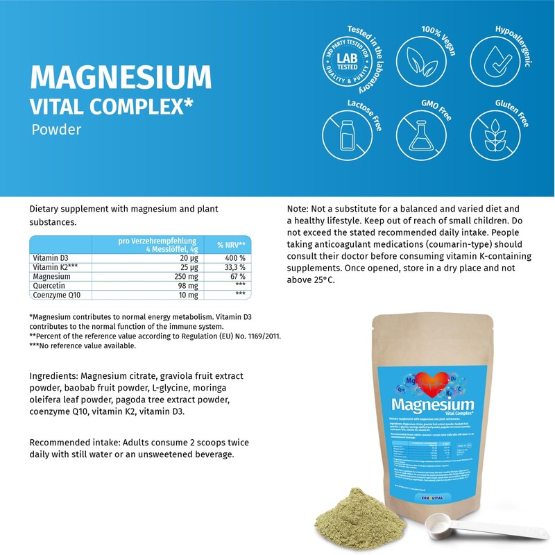 Magnesium Vitalkomplex Pulver mit Magnesium-Citrat, Baobab Fruchtpulver, L-Glycin, Coenzym Q10,