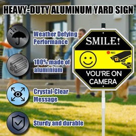 Smile Your On Camer Sign, Video Surveillance Signs Outdoor, Aluminum Yard Sign with Stake, 28" Heavy Duty Weatherproof Sign