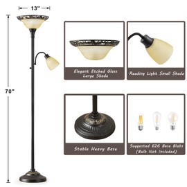 Luvkczc Torchiere Floor Lamps for Living Room, 70" Lamps for Living Room with Etched Glass Shade, Metal Pole & Heavy Base, Vintage Standing lamp Decor for Bedroom, Living Room, Office