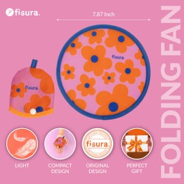 Fisura – Original Roun Folding Fan Flowers Handheld Foldable Fan. Pink and Orange Flower Frisbee. 1 Unit. Portable for Parties. 20 cm.