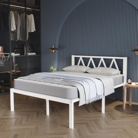 Avenco 14 Inch Full Size Bed Frame with Headboard, White Metal Platform Bed Frame, Full Bed Frame No Box Spring Needed, Easy Assembly, Heavy Duty Slats Support