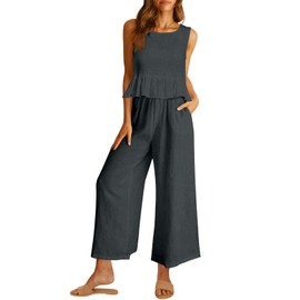 AUTOMET Womens Summer 2 Piece Outfits Linen Crop Tank Tops Lounge Matching Sets & Long Track Pants Tracksuits 2025 Deep Blue L