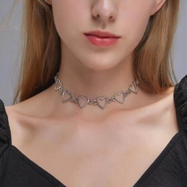 Cimenexe Bohemian Heart Choker Necklace Silver Hollow Heart Collar Necklace Cutout Heart Choker Necklace Statement Heart Love Chain Necklace Jewelry for Women and Girls Gifts