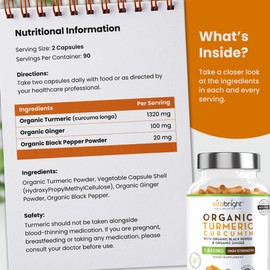 VitaBright High Strength Turmeric & Black Pepper Capsules 1440mg, 180 Caps/3 Months, Organic Turmeric Ginger & Black Pepper Capsules, Turmeric Curcumin Capsules (Not Tablets) VitaBright Tumeric Supplement Joints