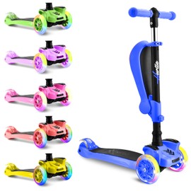 Hurtle 3 Wheeled Scooter for Kids - 2-in-1 Sit/Stand Child Toddlers Toy Kick Scooters w/ Flip-out Seat, Adjustable Height, Wide Deck, Flashing Wheel Lights, Great for Outdoor Fun -(Blue)