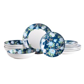222 Fifth Nightingale 12-Piece Porcelain Dinnerware Set – Service for 4, Bohemian Blue Floral Design, Perfect for Everyday Dining & Entertainment, Microwave & Dishwasher Safe