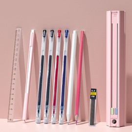 Hexagonal Pen Holder Multifunctional Students Stationery Case Set with Gel Pens Pencils Ruler Eraser Pink