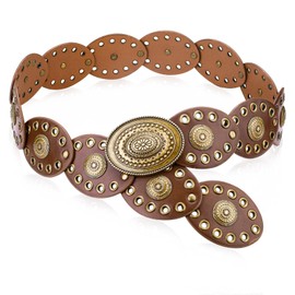 Chihutown PU Leather Disc Belt, Vintage Waist Belt,Western Style Womens Belts, Brown Belt Women, Fashion Belts for Women (Dark Bronze)