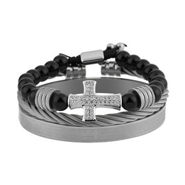 3PCS Stainless Steel Bracelets for Men Cross with Stone, Bible Lords Prayer Encourage Bangle Bracelet Twisted Cable Bracelet Adjustable Cuff Bracelet Mens Luxury Jewelry Bracelets Gifts (SILVERY)