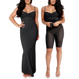 Popilush Shaper Dress Lace Formal Maxi Dresses with Built in Shapewear Corset Cocktail Party Dress Evening Gown Black