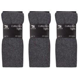 Girls Childrens 3 Pairs Plain Tights Back To School Everyday Cotton Rich Leggings Grey 5-6
